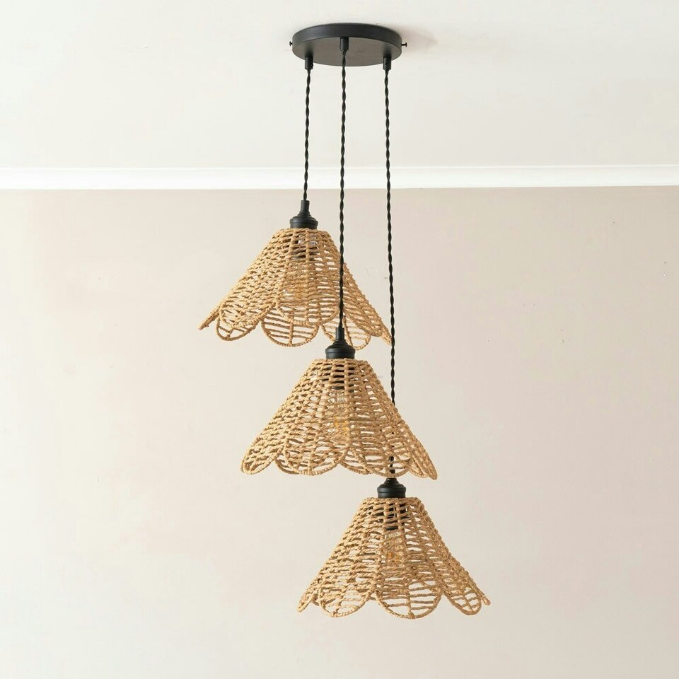 image 1 of ValueLights Vine Rattan Flower Shade 3 Drop Cluster Black Ceiling Pendant Light with Bulbs Black