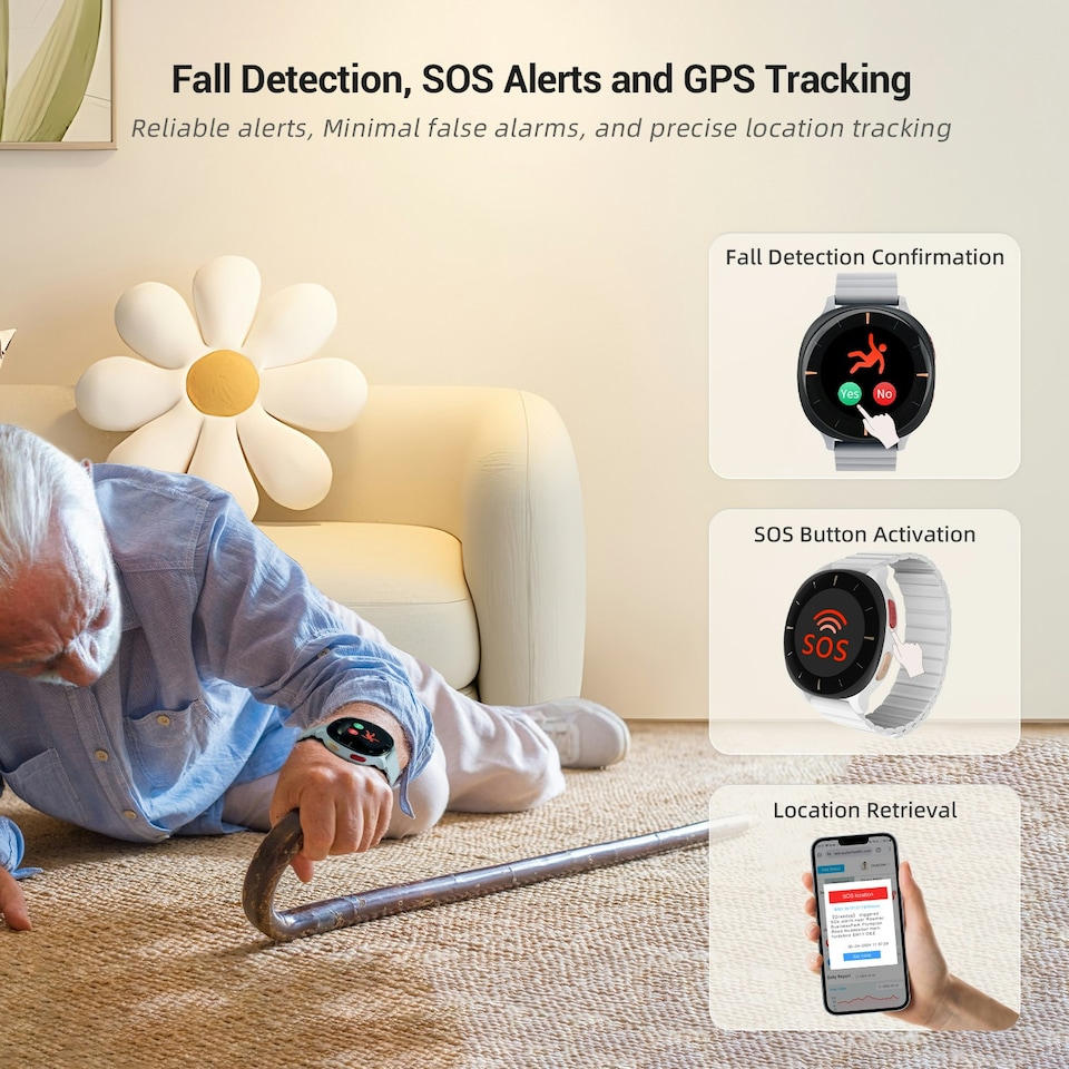 image 1 of 24/7 Remote Health Monitoring Watch, Fall Detection, SOS Alerts, Heart Rate, Temperature, Blood Pressure, 10 Day Battery - Audar E2
