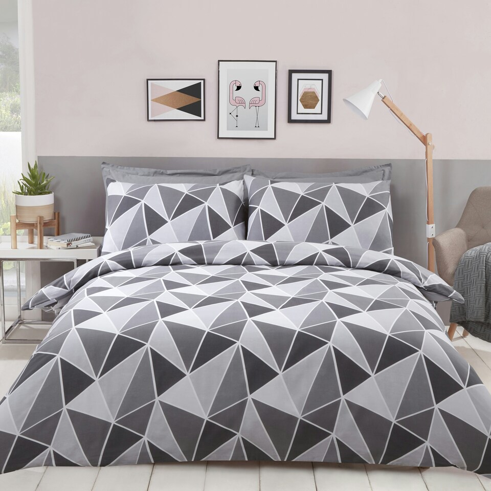 image 1 of Leo Geometric Polycotton Reversible Duvet Cover Set with Pillowcase Grey | King