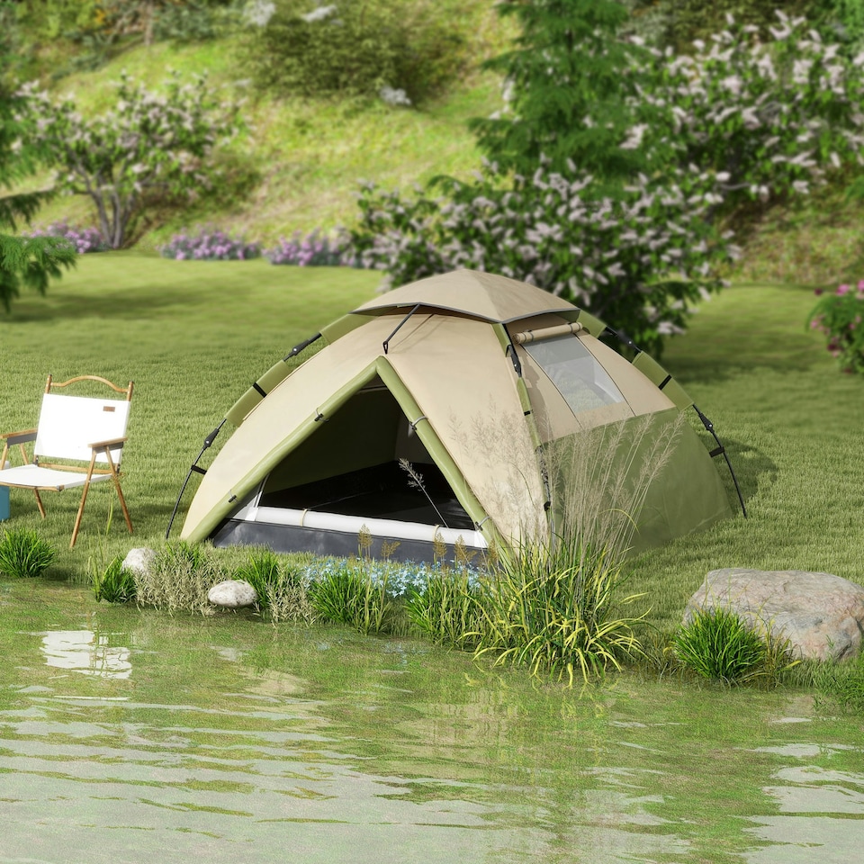 image 1 of Outsunny 3-4 Man Camping Tent Portable with Bag, Quick Setup, Dark Green