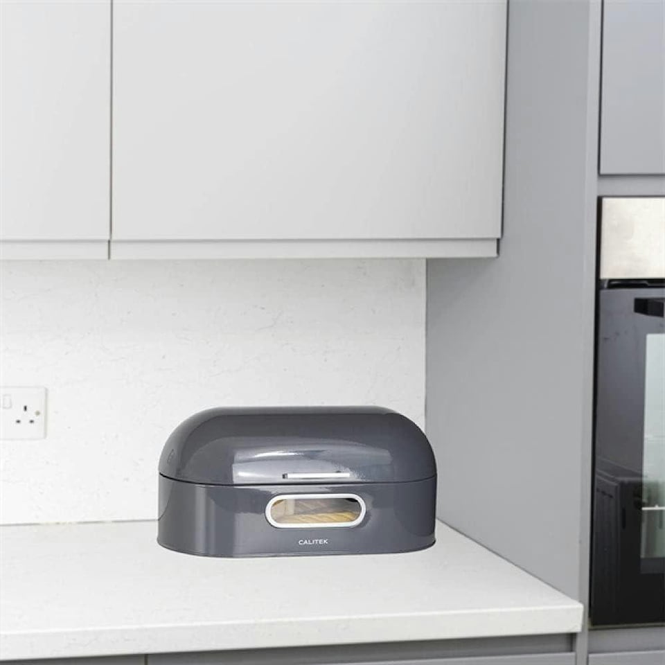 image 1 of CALITEK Retro Bread Bin Round Top Kitchen Counter Coated Carbon Steel Grey