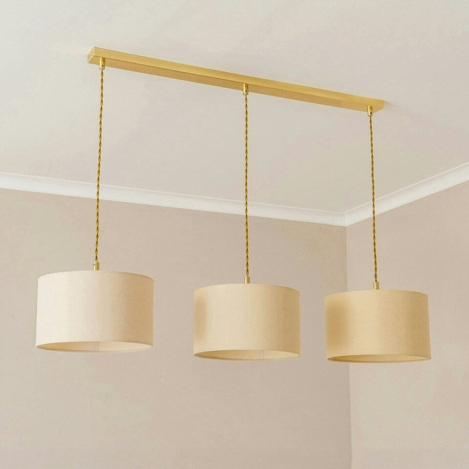image 1 of ValueLights Reni Natural Drum Shade 3 Drop Bar Brushed Gold Diner Ceiling Pendant Light Gold