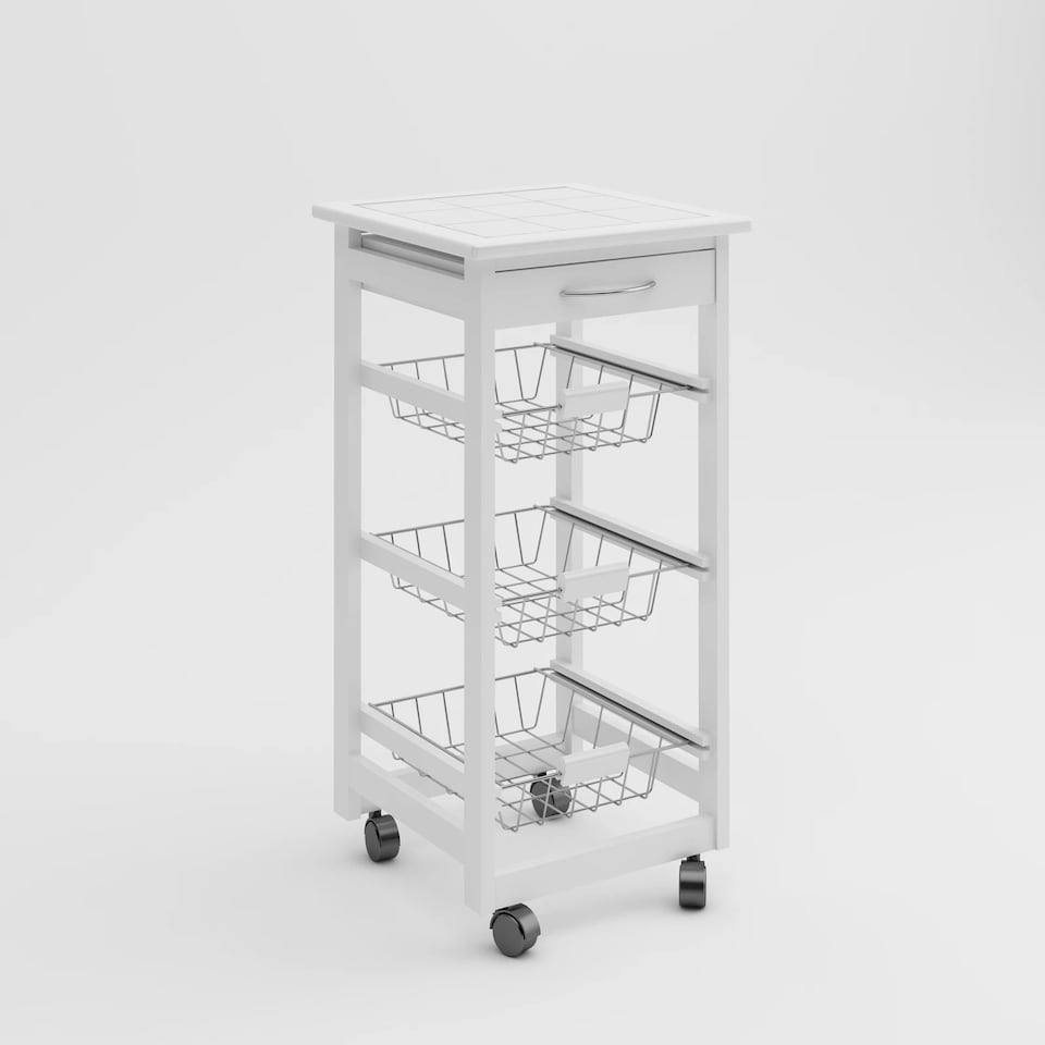 image 1 of Rolling Kitchen Island Trolley Serving Cart White Tile Top Drawer Shelves Basket | White | White | 1