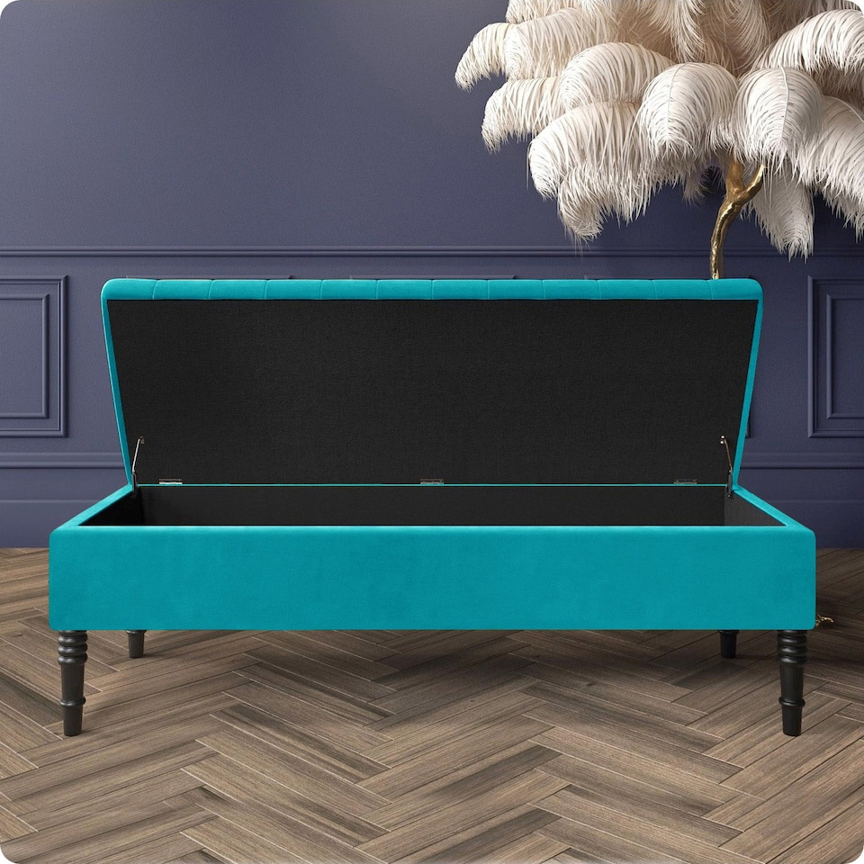 image 1 of Safar 90cm Ottoman Storage Bench - Plush Velvet Shoe Bench - Teal Lined Upholstery Storage Footstool