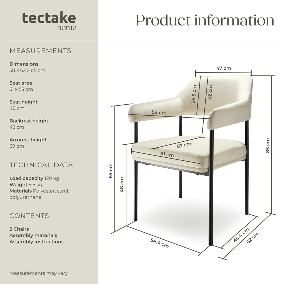 image 1 of Armchair Doe - durable fabric, black powder-coated legs, 120 kg load, 58 x 62 x 85 cm - Set of 2 White | Velvet Look Off-White