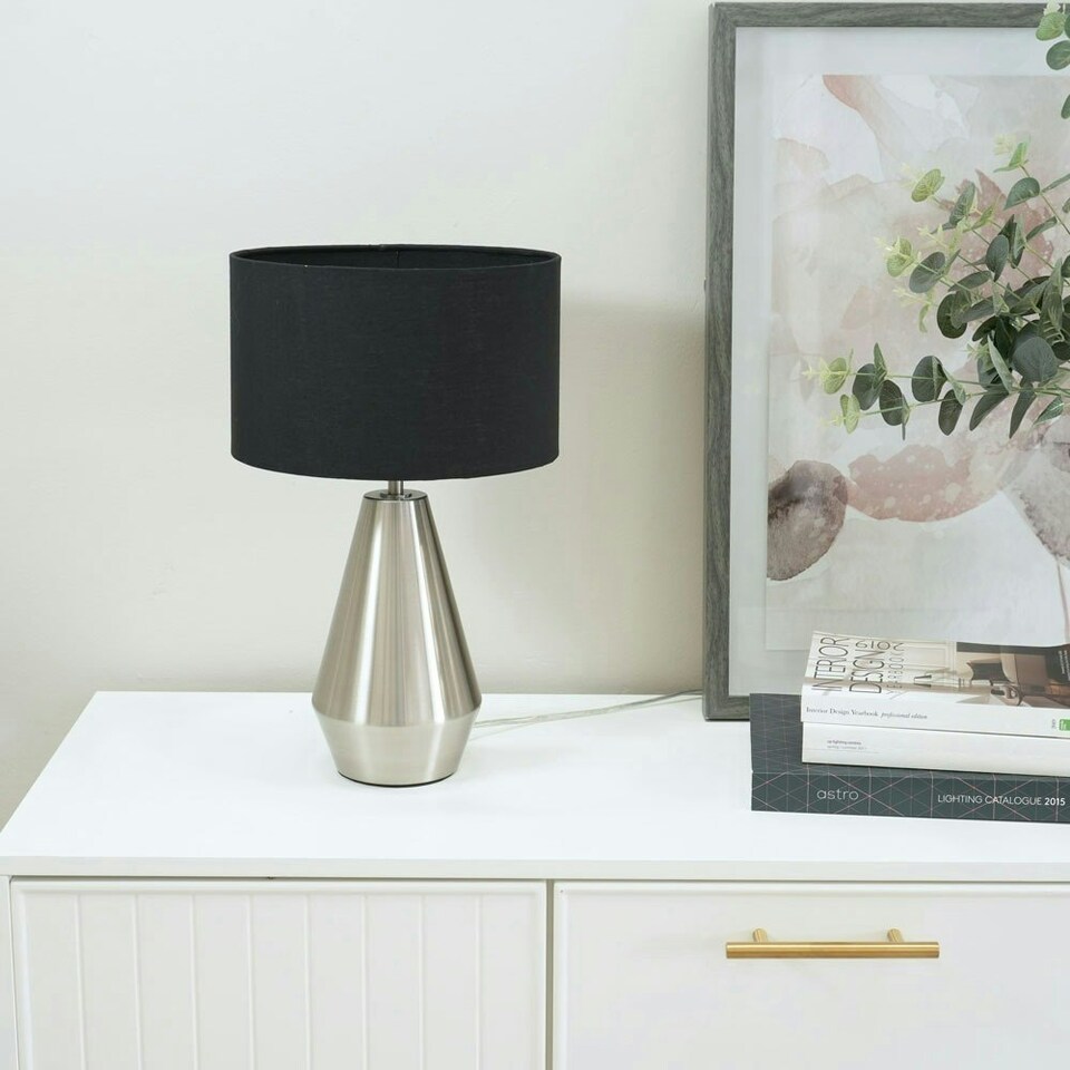 image 1 of ValueLights Jax Silver Metal Touch Dimmer Table Lamp with Black Drum Shade