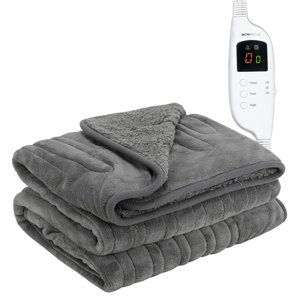 image 1 of MONHOUSE Heated Throw - Electric Blanket - Digital Controller - Timer up to 9 hours, 9 Heat Settings, Auto Shutoff - Single 130X160cm - Dark Grey Shearling