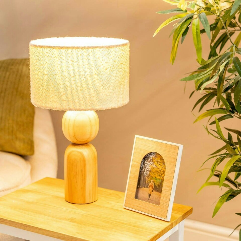image 1 of ValueLights Azalea Rustic Wooden Bedside Table Lamp with a Boucle Drum Lampshade - Bulb Included Cream