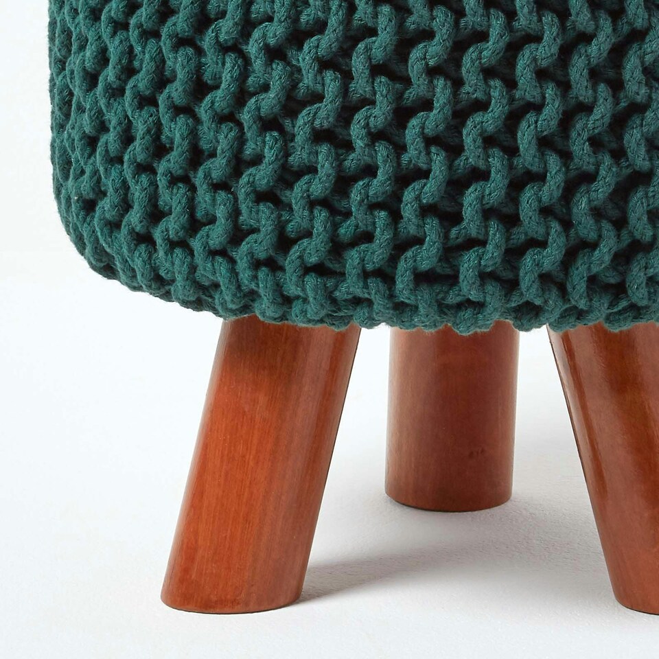 image 1 of Homescapes Forest Green Tall Cotton Knitted Footstool on Legs