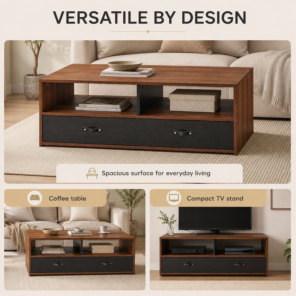 image 1 of Teamson Mid Century Coffee Table with Drawers & Open Storage Shelves