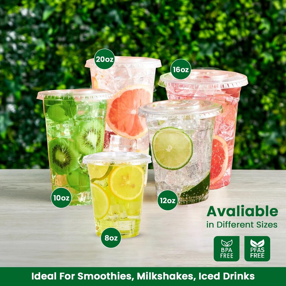 image 1 of ECONX 100 X Smoothie Cups with Flat Lids 12oz Clear Plastic Cups Reusable for Smoothies, Juice, Milkshakes