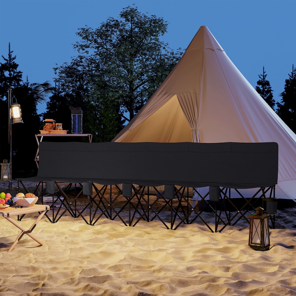 image 1 of Outsunny 6 Seater Folding Bench, Outdoor Camping Chair Portable Sports Spectator Chair with Metal Frame, Cup Holder & Carry Bag, Black