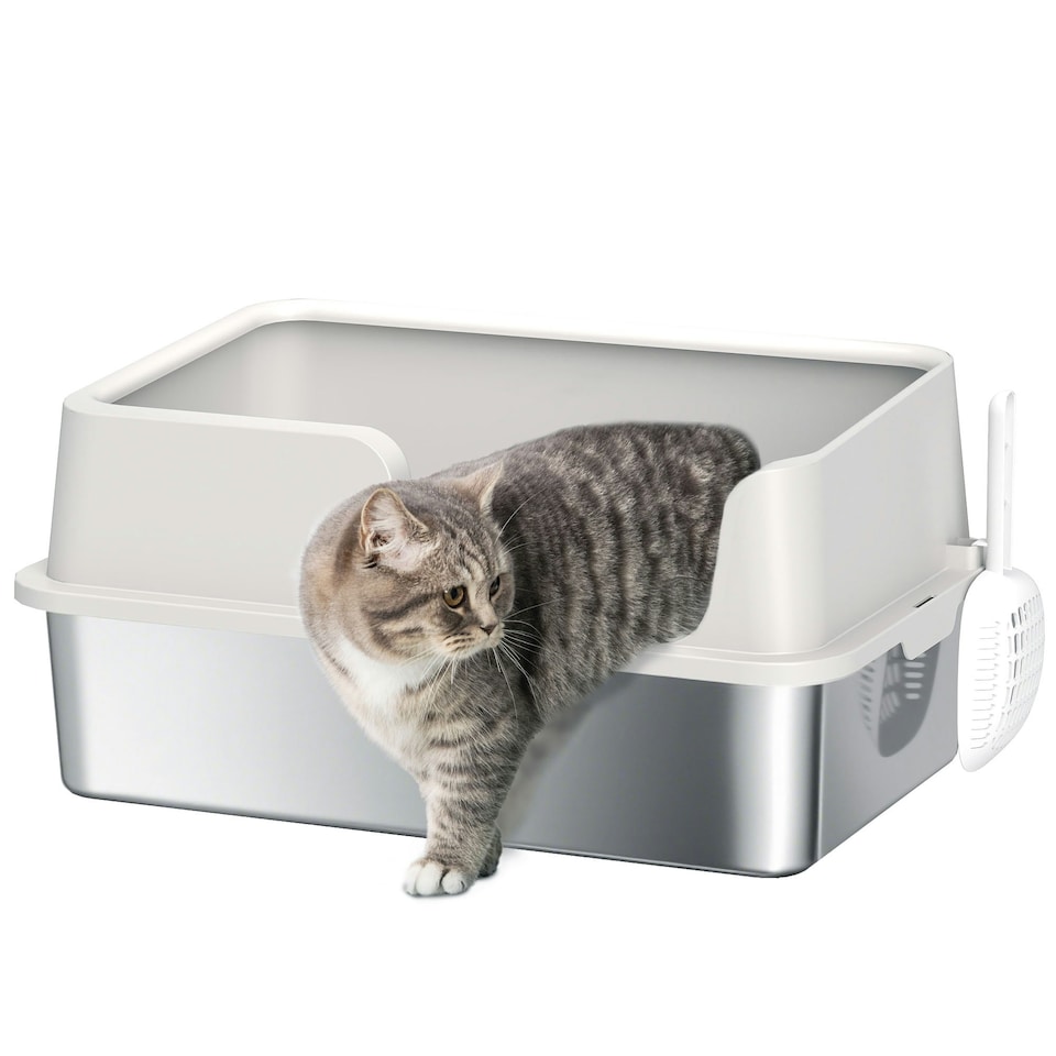 image 1 of PawHut Stainless Steel Litter Box, High Sided Metal Cat Litter Tray w/ Scoop Grey
