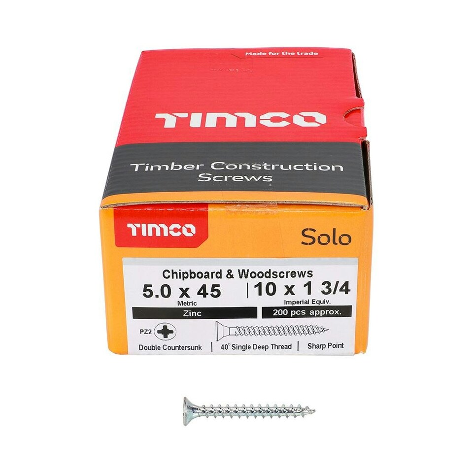 image 1 of Timco - Solo Chipboard & Woodscrews - PZ - Double Countersunk - Zinc (Size 5.0 x 45 - 200 Pieces)