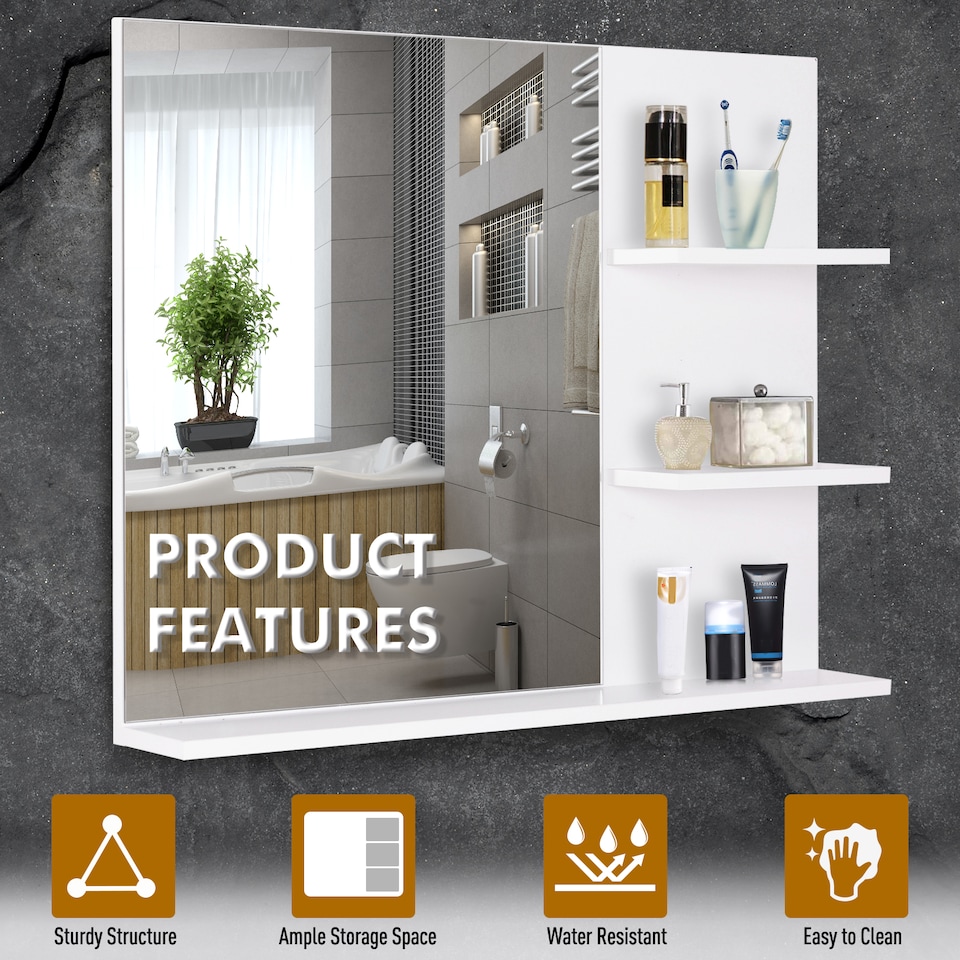 image 1 of kleankin Bathroom Mirror, Wall Mount Vanity Mirror, Modern Make Up Mirror with 3 Storage Shelves, White