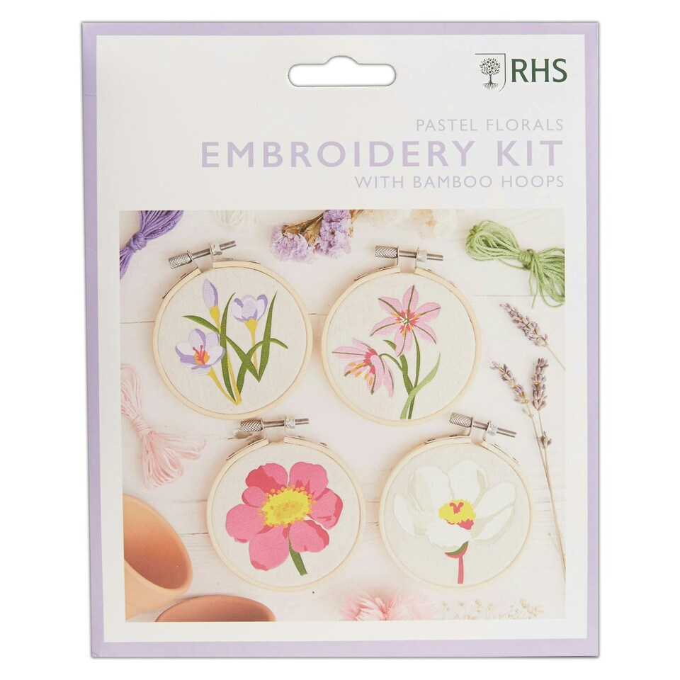 image 1 of RHS Embroidery Hoop Decoration Kit, Pastel Florals, Multicoloured, 9cm