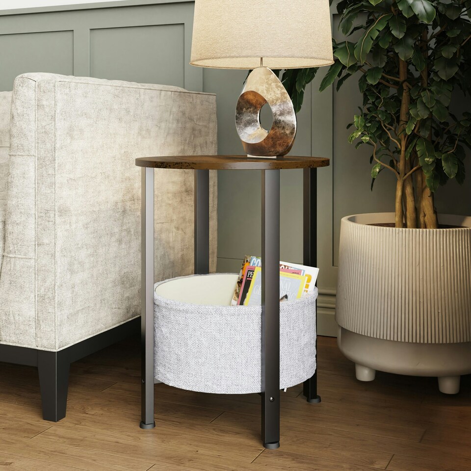 image 1 of Industrial Design Side Table With Cream Fabric Storage Base N/A