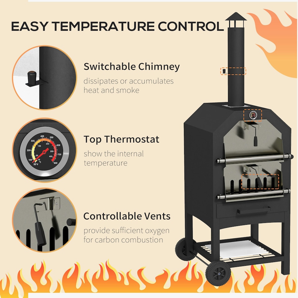 image 1 of Outsunny Outdoor Pizza Oven Charcoal Grill with Rain Cover, Shelf and Wheels