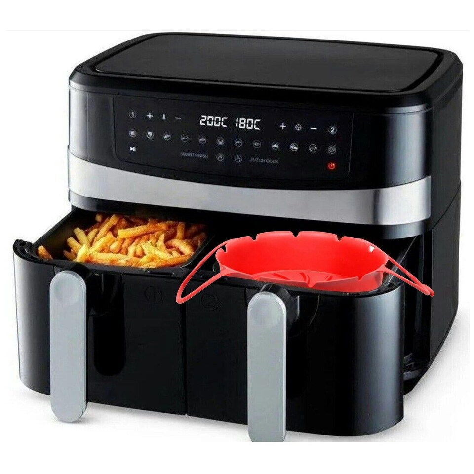 image 1 of SPARES2GO Air Fryer Basket Liner Silicone Round Tray Pot (Red, 4 Compartments)