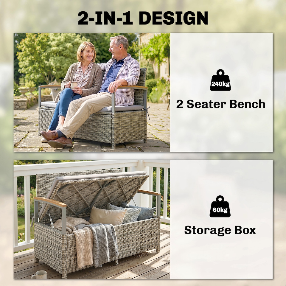 image 1 of Outsunny 170 L Rattan Garden Storage Bench with Cushion, Light Grey