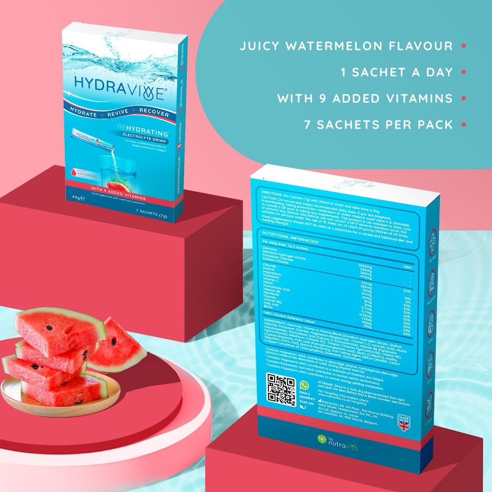 image 1 of Hydravive Rehydration Electrolytes Powder - High Strength Vitamin C and All 8 B Vitamins: B1, B3, B5, B12 Supplement Sachet Drink - 7 Pack Watermelon