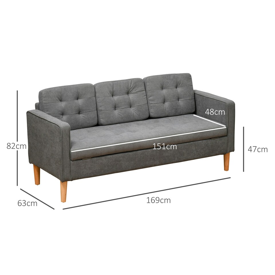 image 1 of HOMCOM Modern 3 Seater Sofa with Hidden Storage and Rubber Wood Legs, Grey
