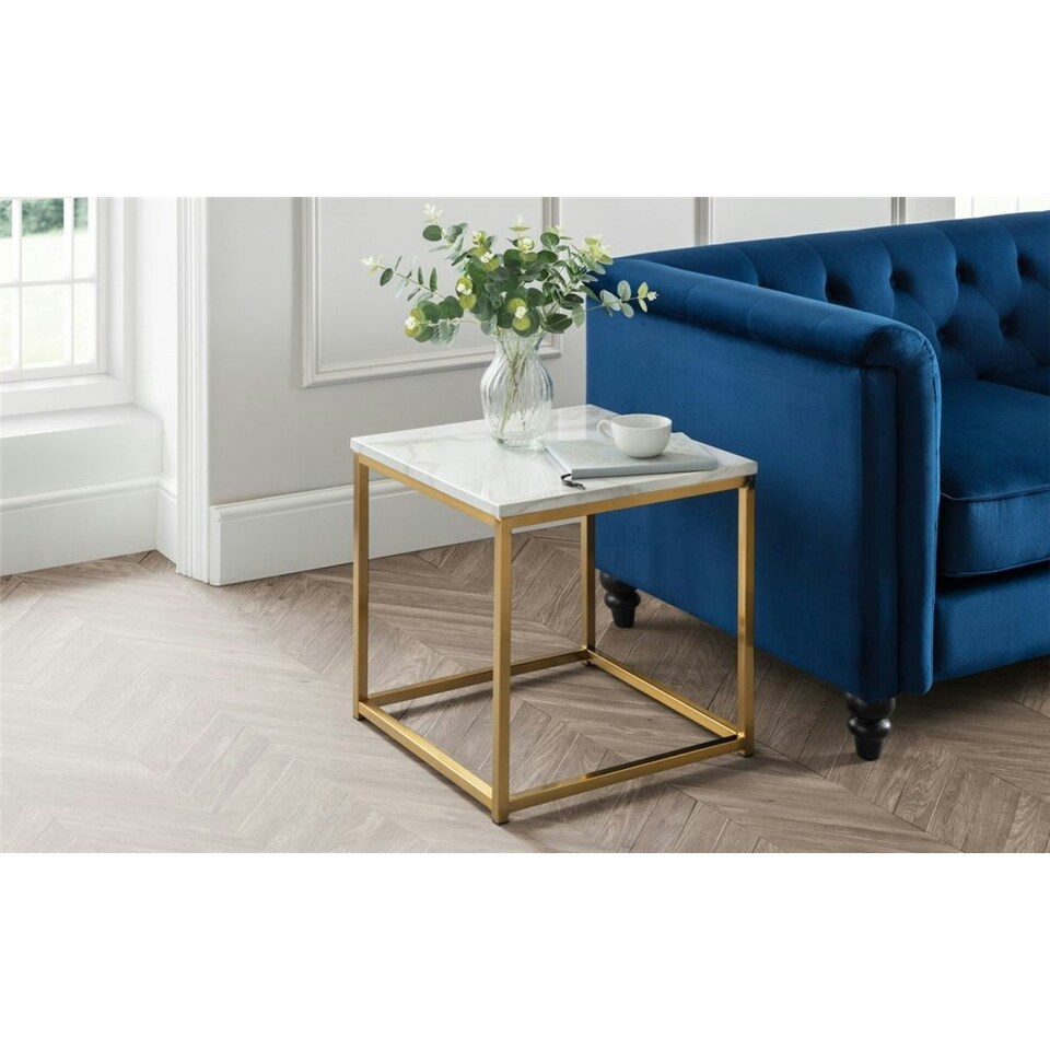 image 1 of White Marble Top Lamp Table with Gold Framing White