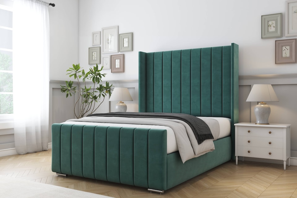 image 1 of Sloomy Melbourne Emerald Plush Bed Frame With Mattress  With 50" Upholstered Wingback Headboard 4' Small Double