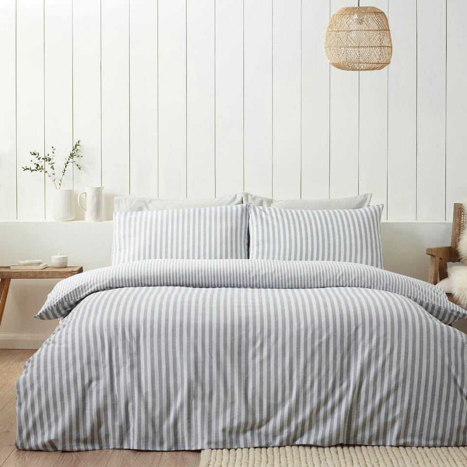 image 1 of Catherine Lansfield Brushed Stripe Cotton Reversible Duvet Cover Set Silver Grey Silver | Double