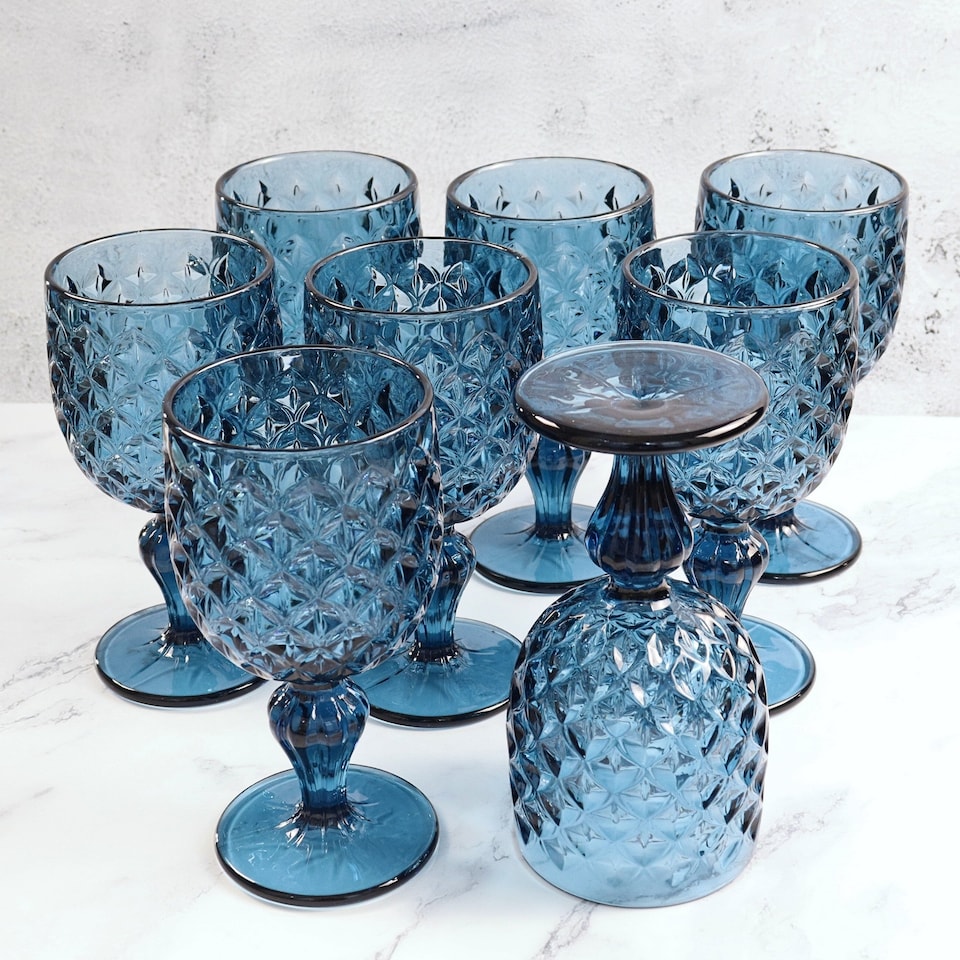 Set of 6 Blue Vintage Embossed Goblet Wine Glass Gift Idea