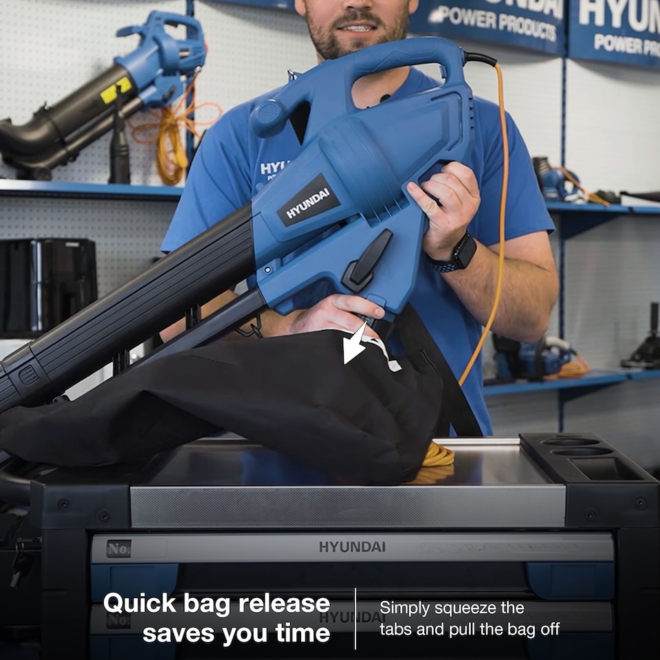 image 1 of Hyundai 3 in 1 Leaf Blower Vacuum Shredder Mulcher 3000W 34L Bag 10m Cable HYBV3000E3