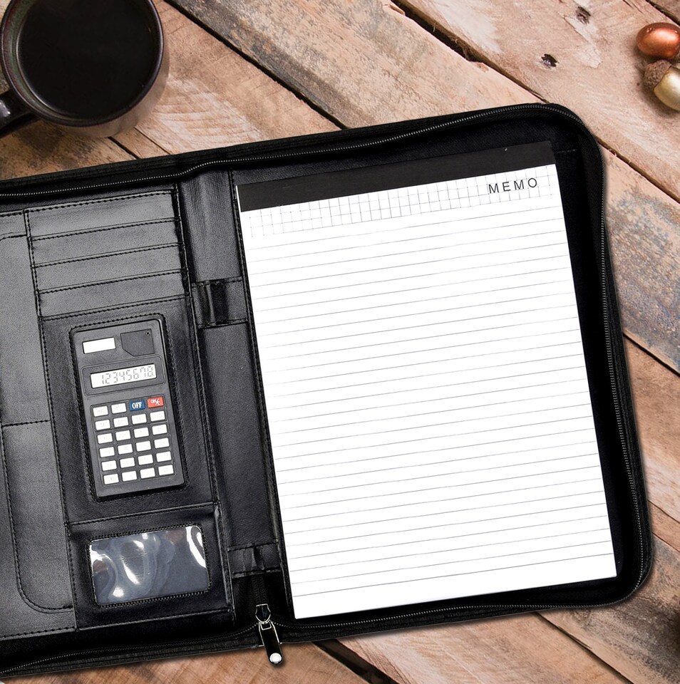 image 1 of A4 Zipped Conference Folder – Executive Portfolio with Calculator, Writing Pad, Pen Holder & Document Storage – Professional Faux Leather Business Organiser for Office, Meetings & Interviews