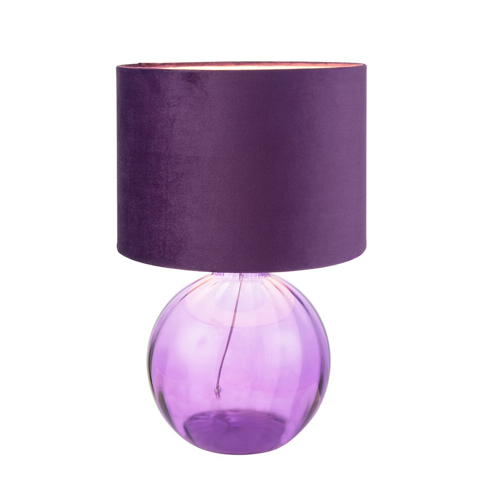 image 1 of Contemporary Deep Purple Ribbed Glass Table Lamp with Soft Velvet Fabric Shade | Purple