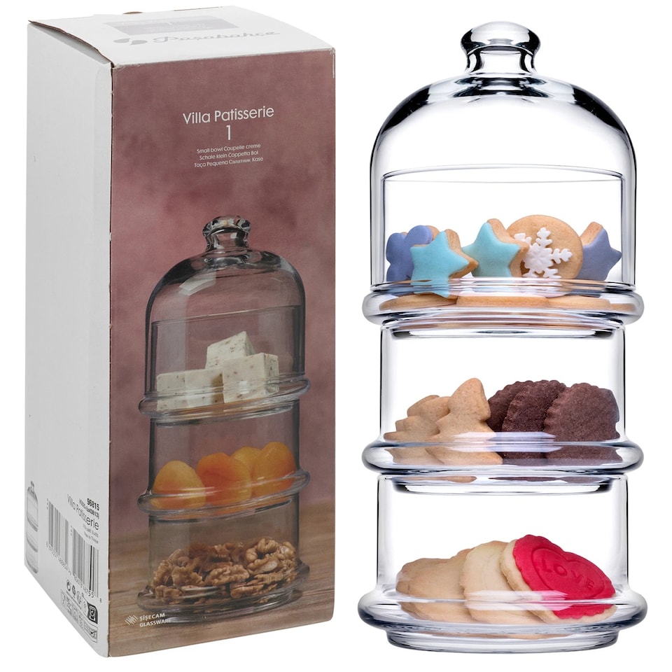 image 1 of 3 Tier Glass Cookie Jar Display Container with Dome Lid Sweets Biscuits
