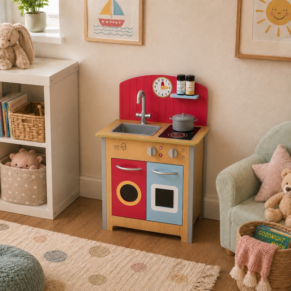 image 1 of Teamson Kids Wooden Play Kitchen with 4 Accessories, Red, Porto