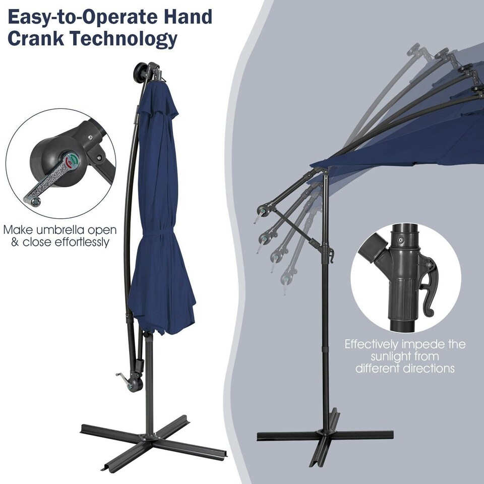 image 1 of COSTWAY 10FT Cantilever Parasol Patio Offset Umbrella LED Lights Blue
