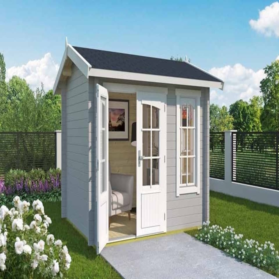 image 1 of Alex Mini-Log Cabin, Wooden Garden Room, Timber Summerhouse, Home Office - L290 x W254.1 x H245.1 cm Grey