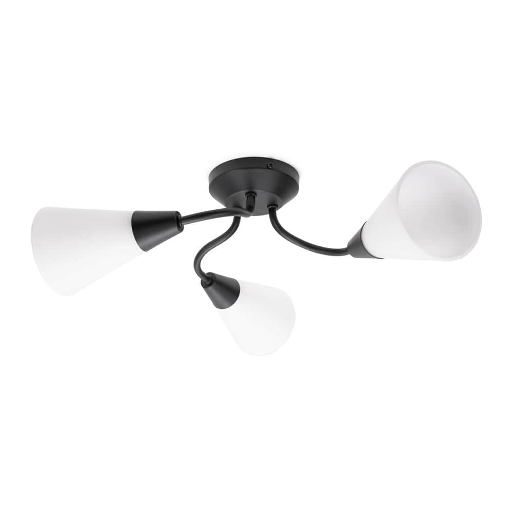 ValueLights Kristina 3 Way Curved Metal Flush Ceiling Light with Frosted White Shades in Black
