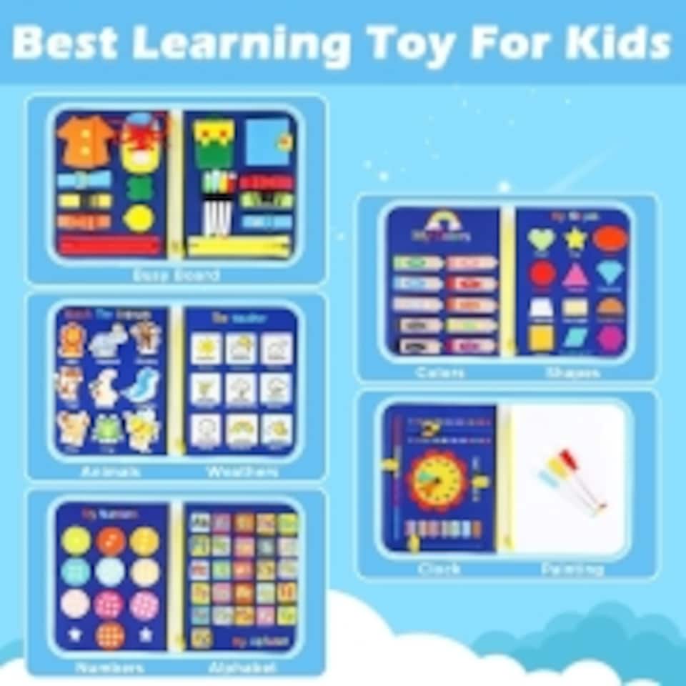 image 1 of Busy Board Montessori Sensory Toy – 10 Pages Quiet Book for Toddlers, Fine Motor & Learning Skills, Travel Toy for Kids Ages 3+ (Blue)