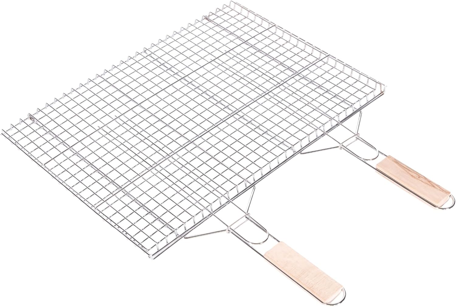 Camp&Fire Large BBQ Grill Basket (48x56cm). Stainless Steel Lockable BBQ Rack with Foldable Dual Wooden Handles