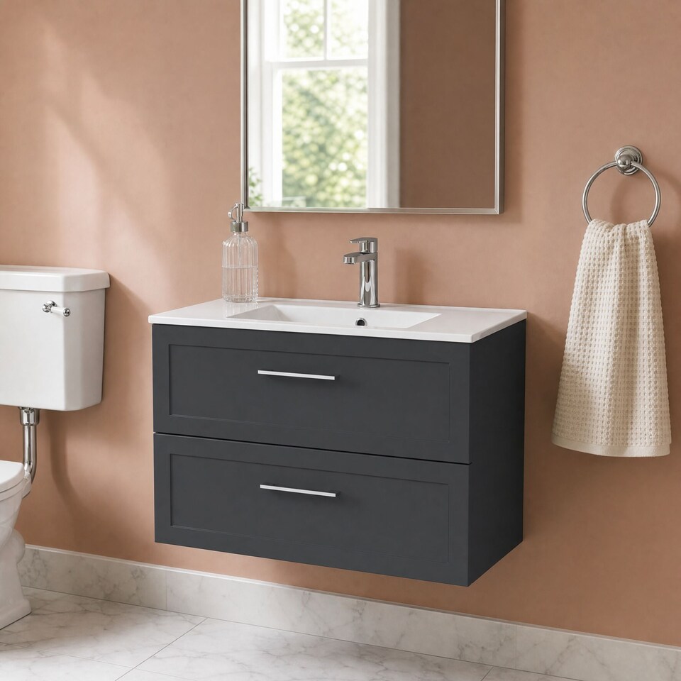 image 1 of Stonnall Traditional Wall Hung 2 Drawers Vanity Unit with Minimalist Ceramic Basin, 800mm, Dark Grey