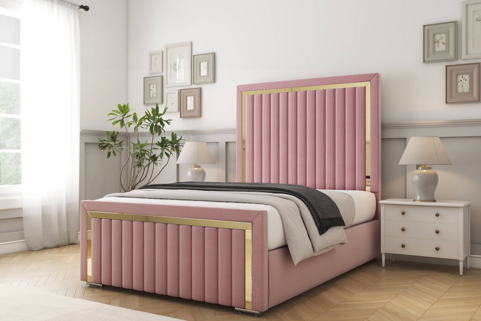 image 1 of Sloomy Boston Gold Pink Plush Bed Frame With 50" Upholstered Headboard 5' King