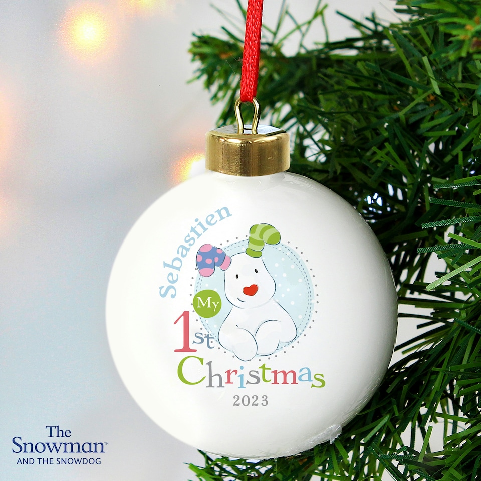 image 1 of Personalised The Snowman and the Snowdog My 1st Christmas Blue Bauble