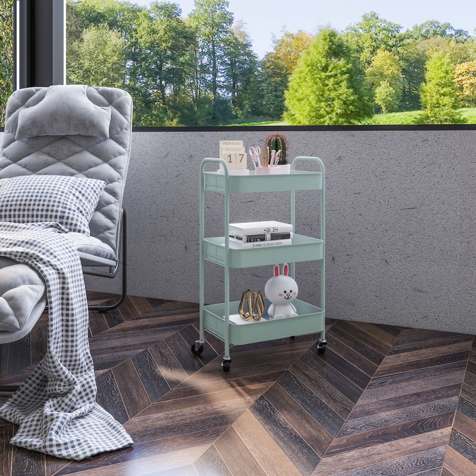 image 1 of HOMCOM 3-tier Storage Trolley on Wheels, Metal Storage Cart, Rolling Ultility Cart with 3 Mesh Baskets for Living Room, Kitchen, Light Blue