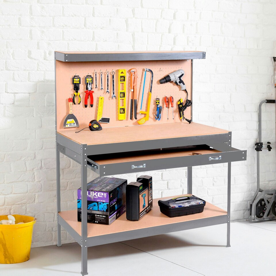 image 1 of Grey Workbench Heavy-Duty Steel Pegboard Drawer Grey