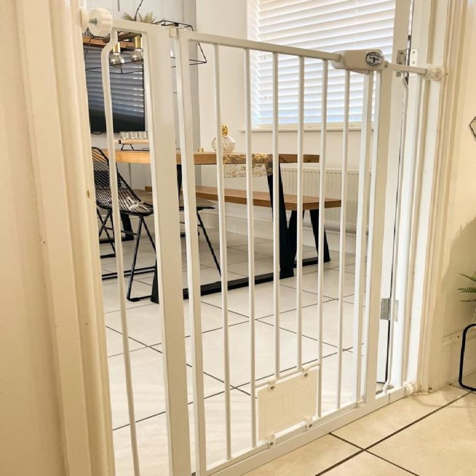 image 1 of Bettacare Pet Gate with Lockable Cat Flap, 75cm - 84cm, White, 104cm in Height