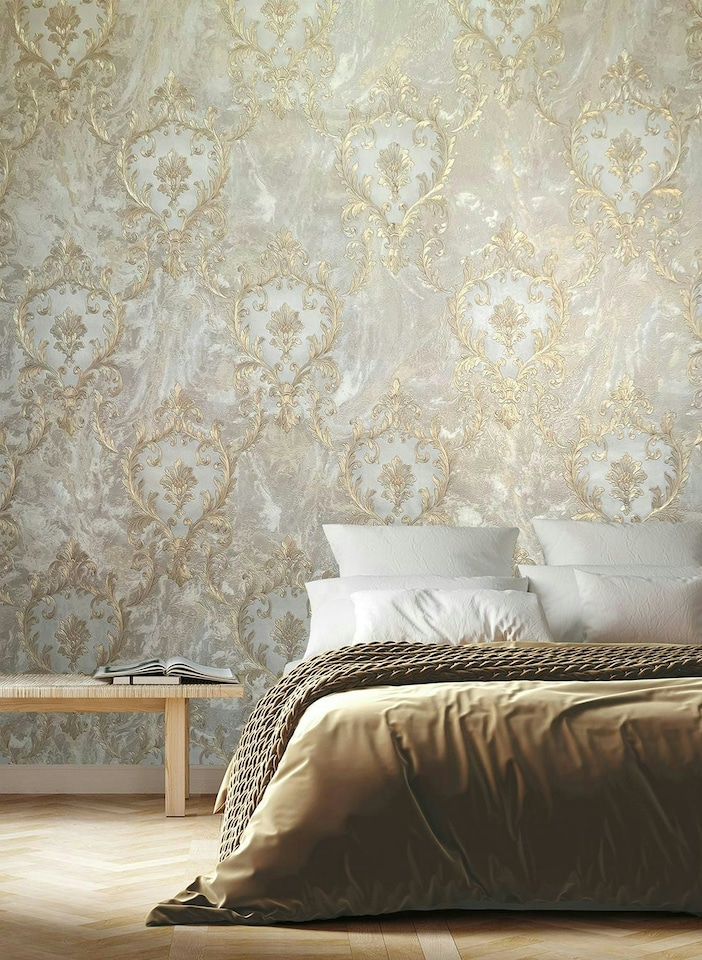 image 1 of Sienna Damask Beige Wallpaper | Cream