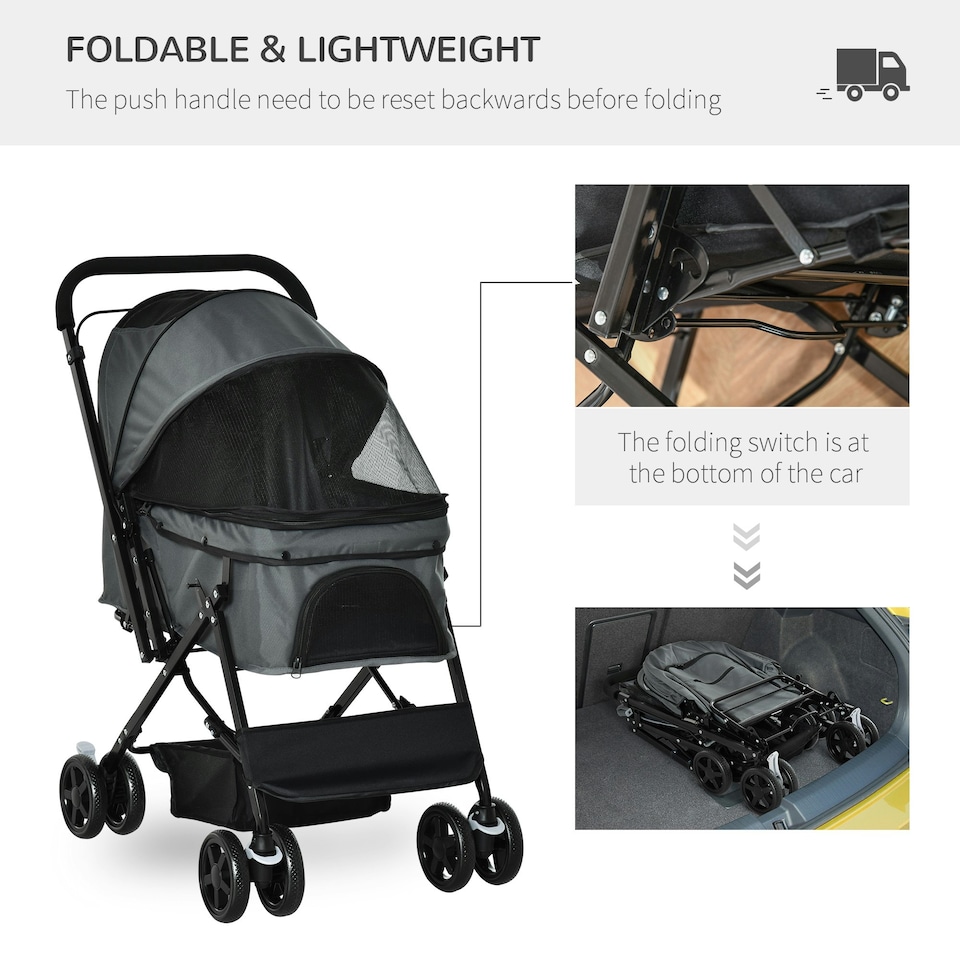 image 1 of PawHut Pet Stroller Dog Foldable Travel Carriage with Reversible Handle, Grey
