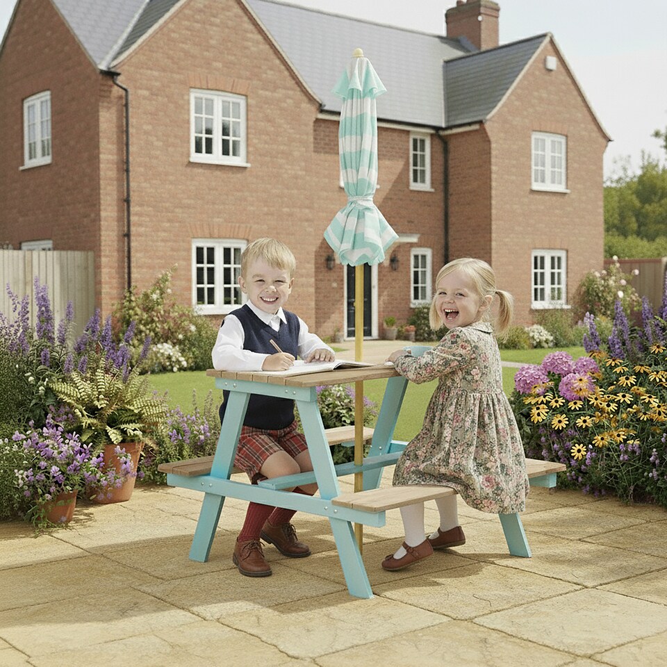 image 1 of Teamson Kids Children's Wooden Picnic Table with Umbrella for Outdoor Garden Play, Blue