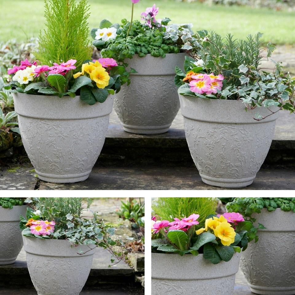 image 1 of Pack of 3 Floral Design Planters in Sandstone Finish | Cream